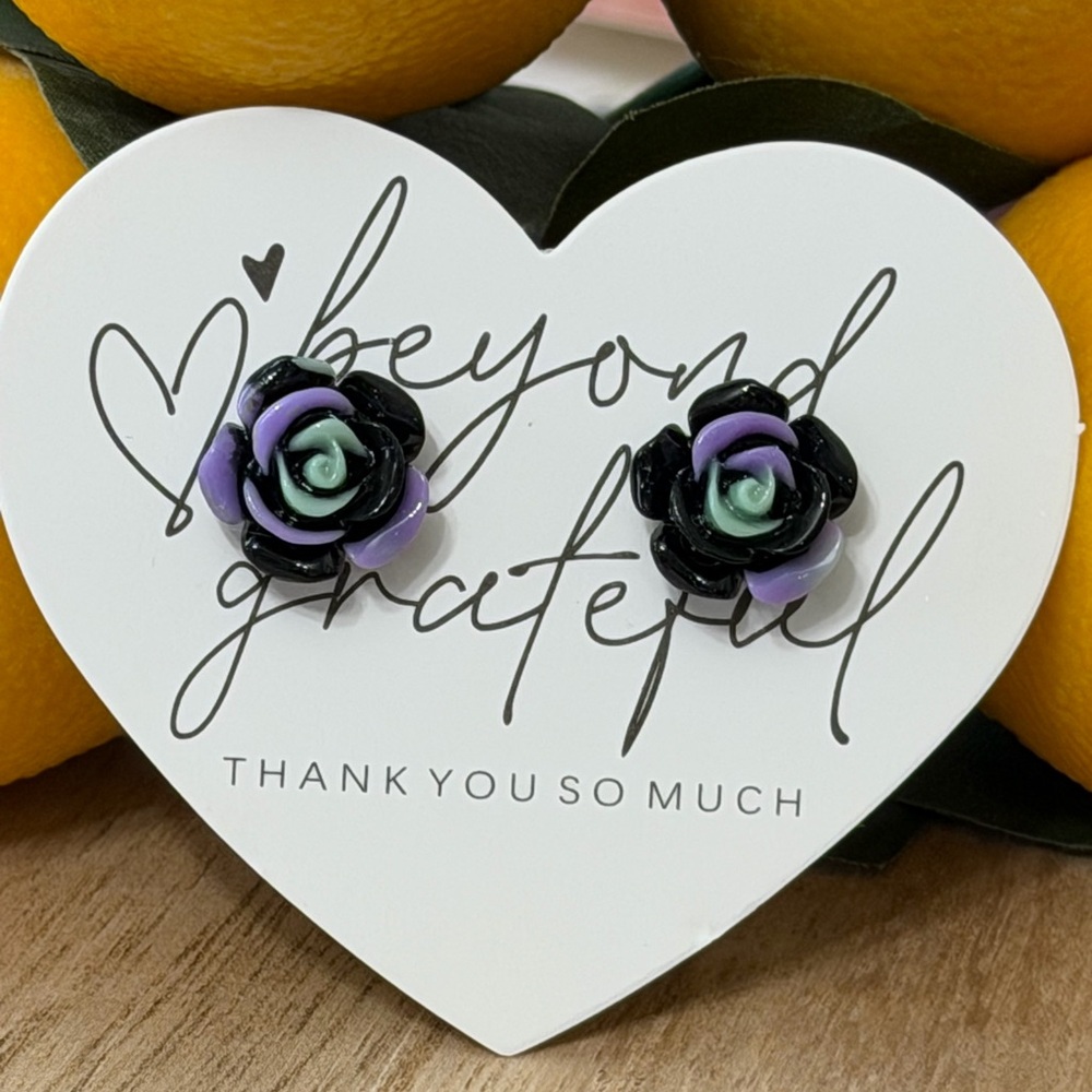 Dark Romantic Black Lavender Green Rose Floral Earrings Handmade NEW - Picture 2 of 3